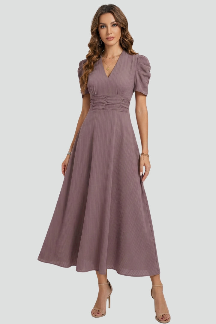 Women's V-Neck Midi Dress with Ruched Waist and Short Sleeves