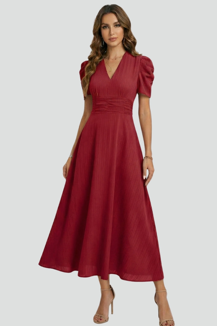 Women's V-Neck Midi Dress with Ruched Waist and Short Sleeves