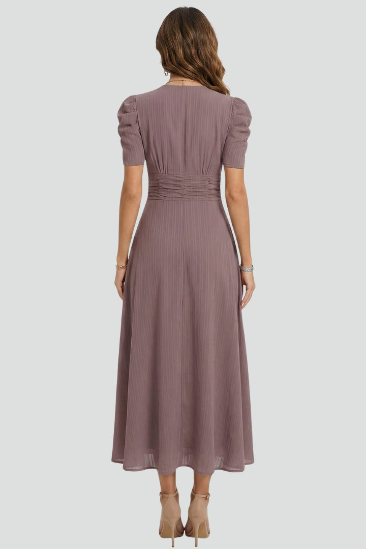 Women's V-Neck Midi Dress with Ruched Waist and Short Sleeves
