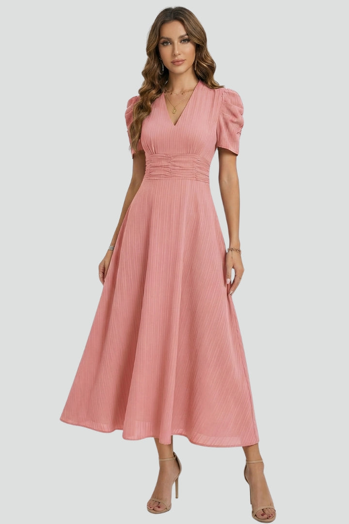 Women's V-Neck Midi Dress with Ruched Waist and Short Sleeves