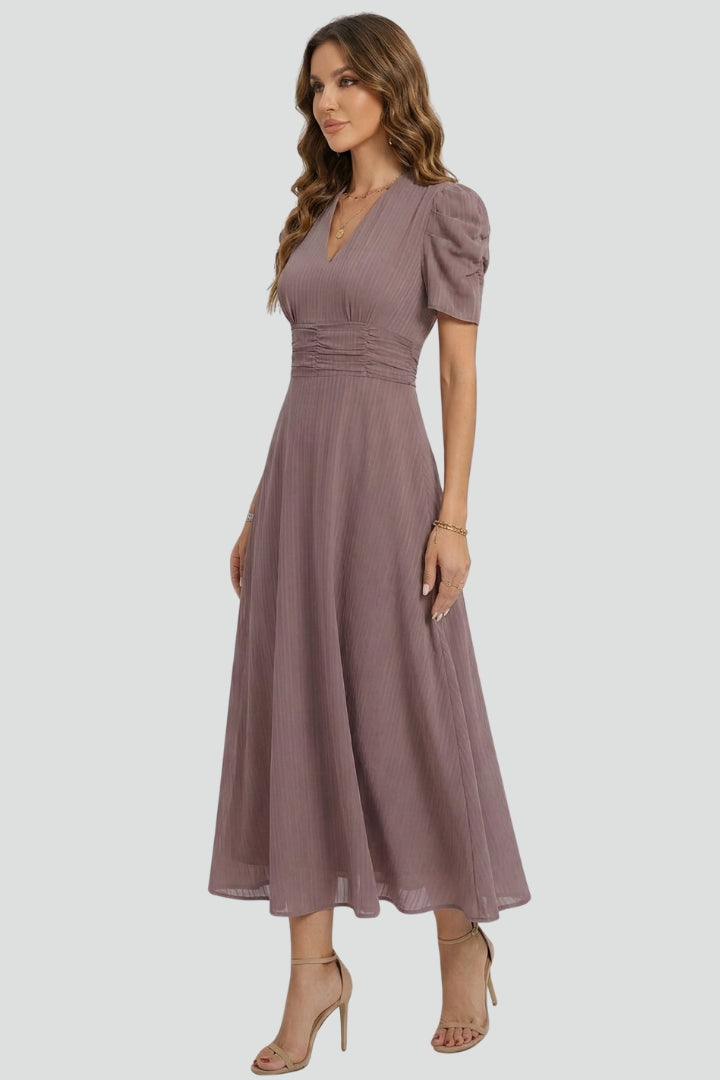 Women's V-Neck Midi Dress with Ruched Waist and Short Sleeves