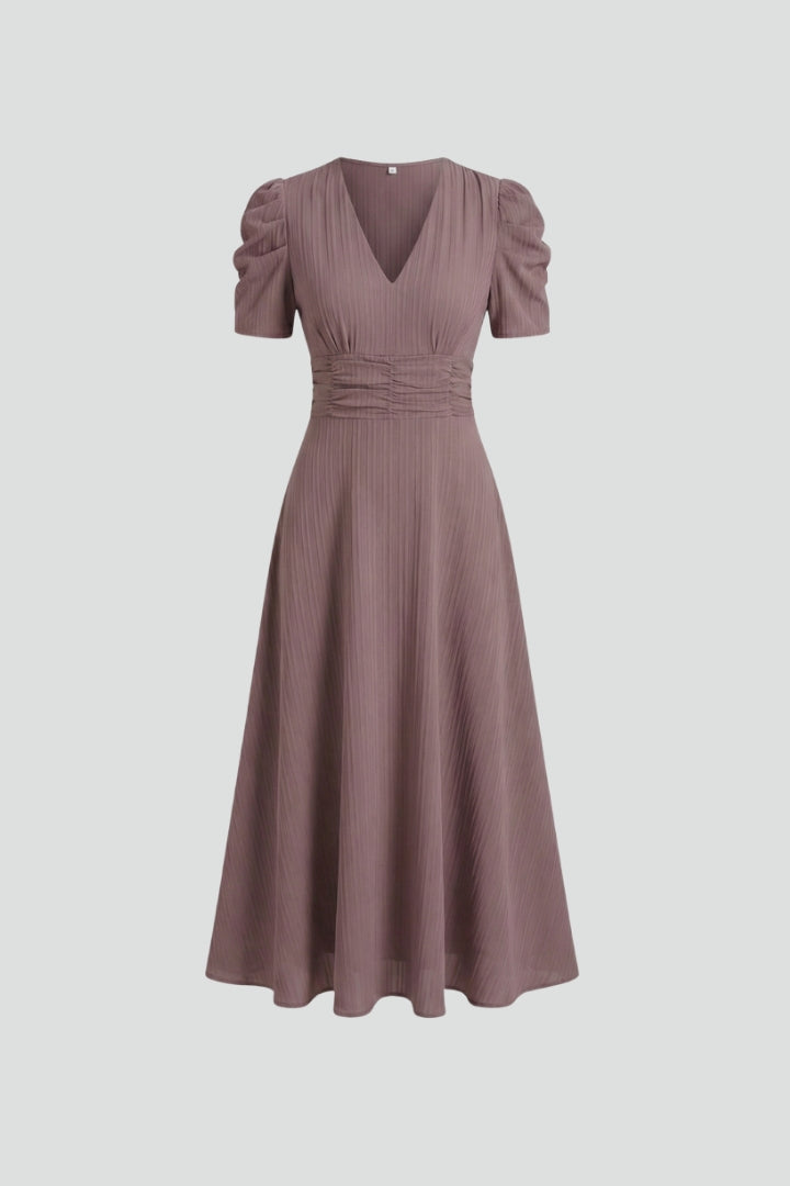 Women's V-Neck Midi Dress with Ruched Waist and Short Sleeves