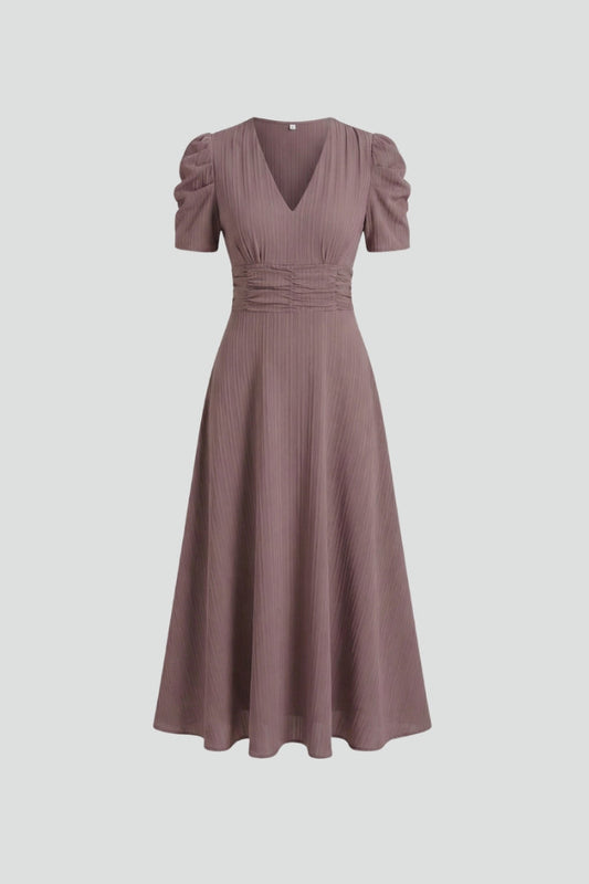 Women's V-Neck Midi Dress with Ruched Waist and Short Sleeves