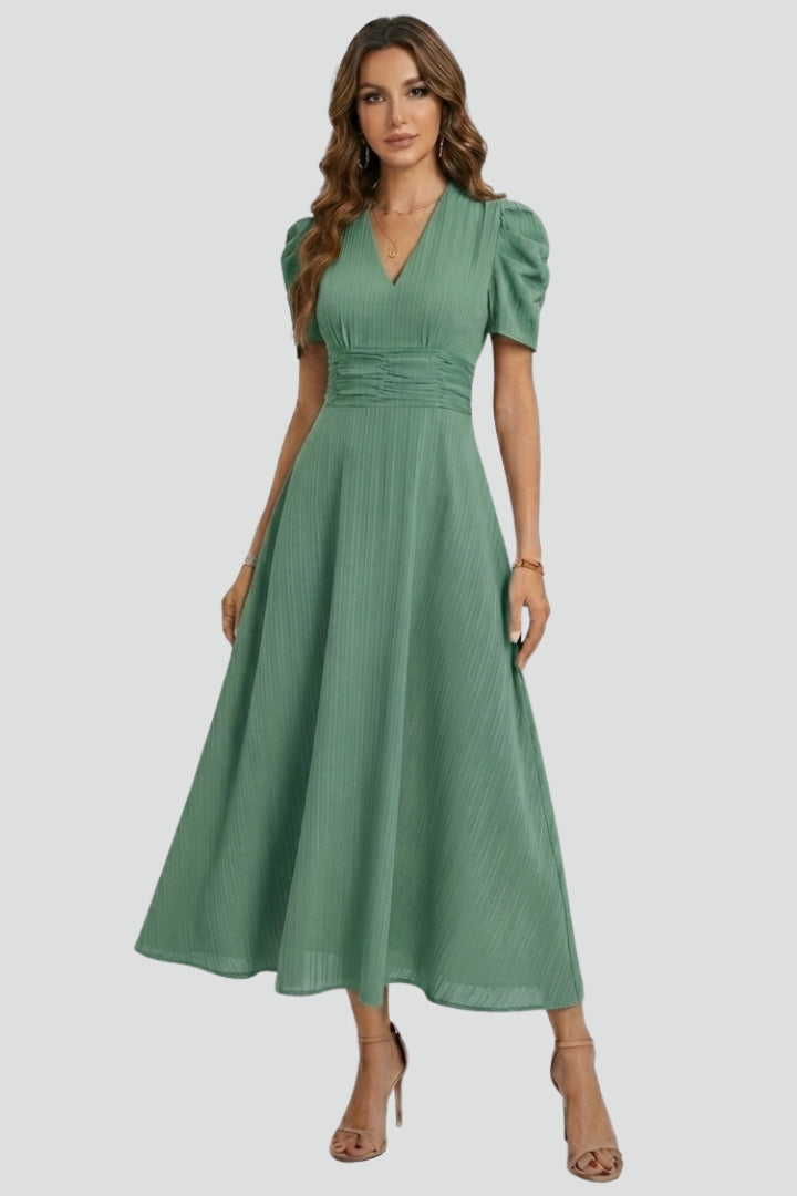 Women's V-Neck Midi Dress with Ruched Waist and Short Sleeves