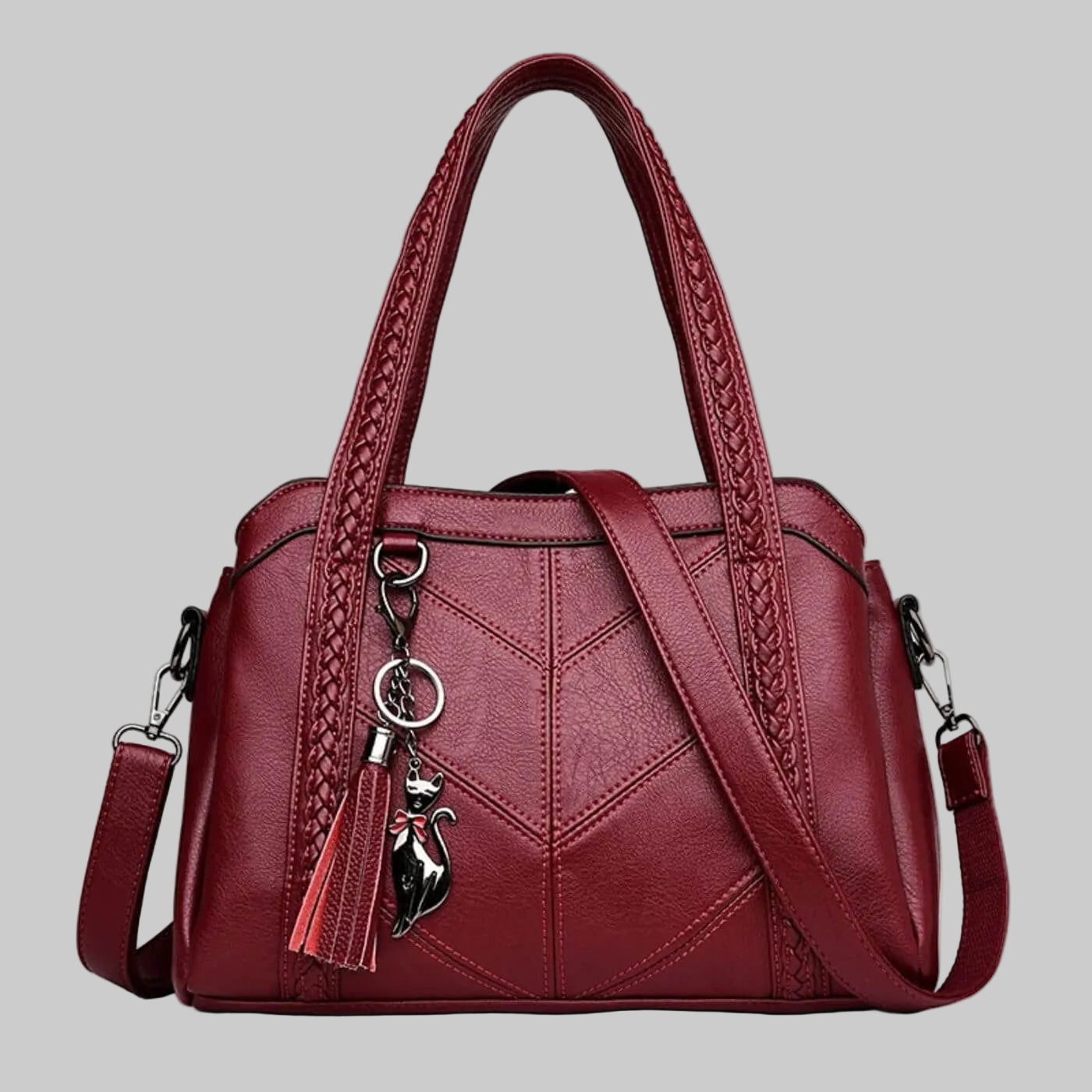 Women’s Vegan Leather Satchel with Braided Handles and Chevron Stitching