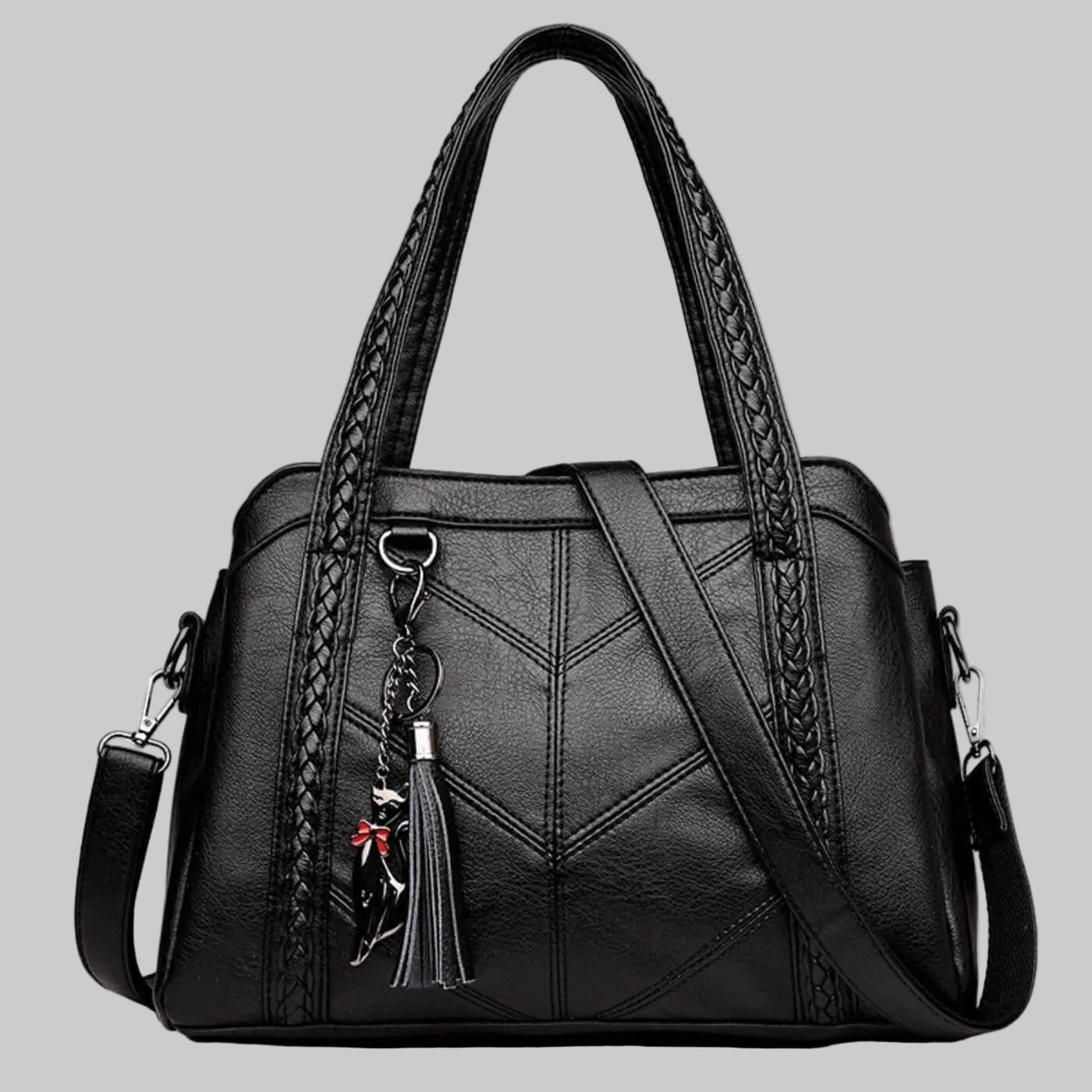 Women’s Vegan Leather Satchel with Braided Handles and Chevron Stitching