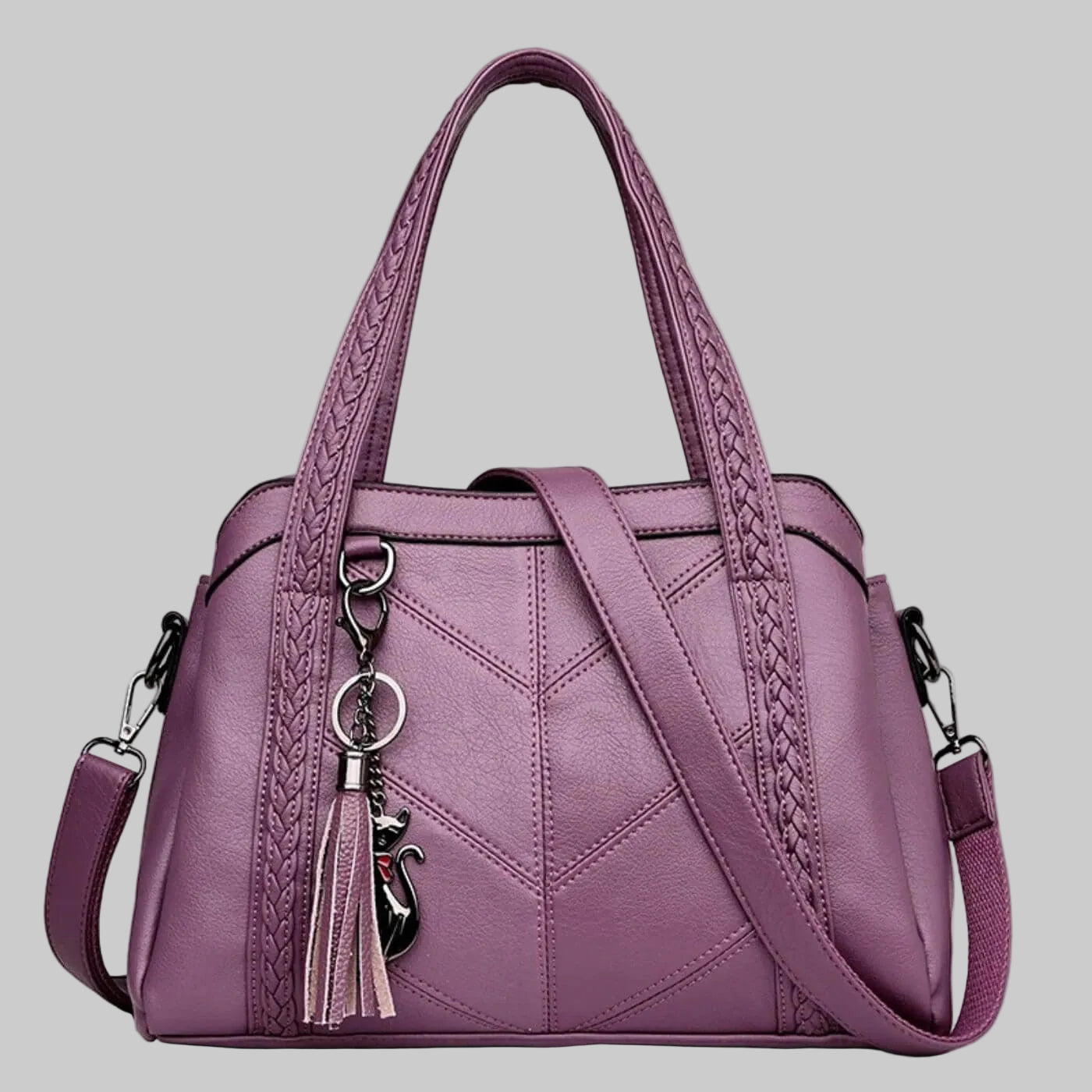 Women’s Vegan Leather Satchel with Braided Handles and Chevron Stitching