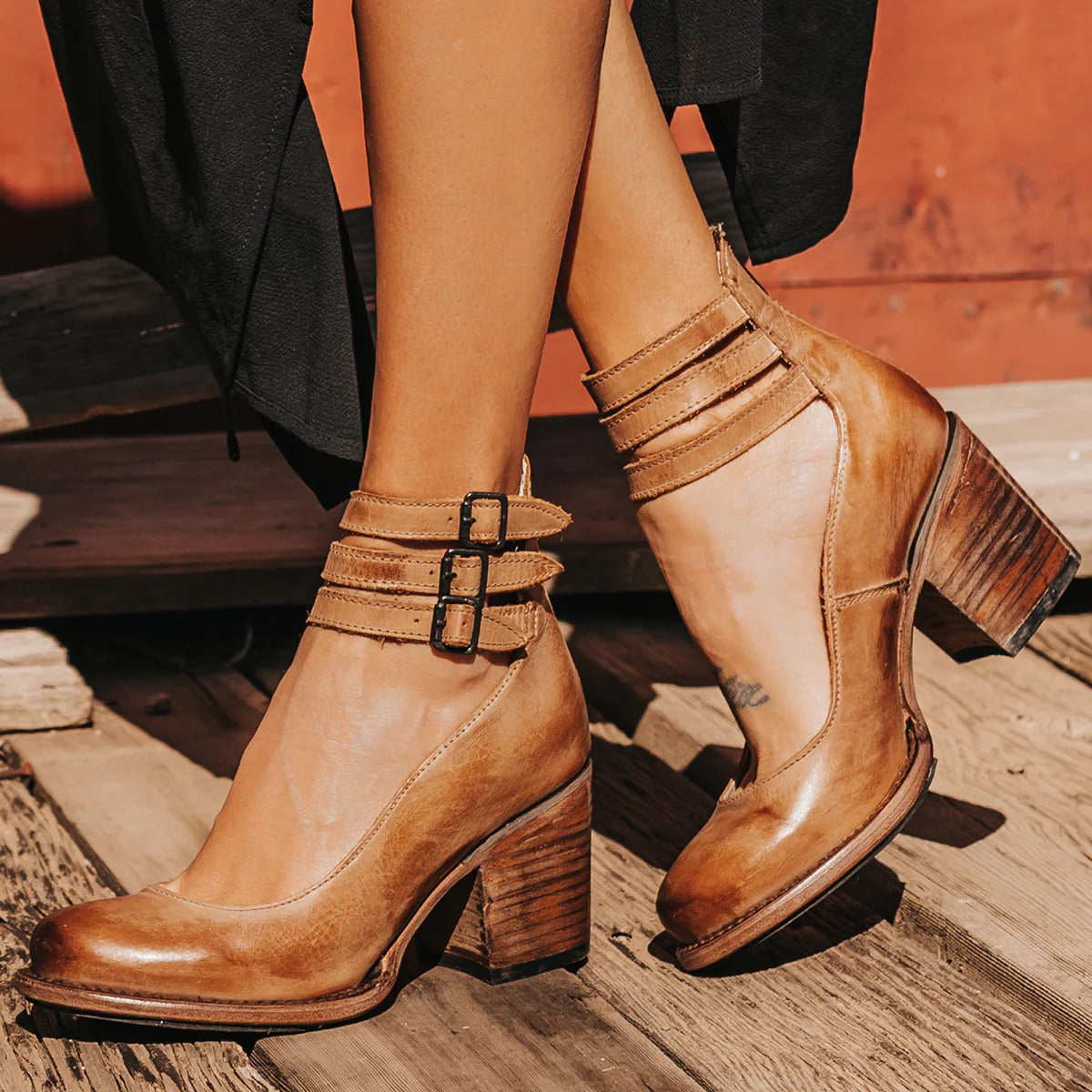 Women’s Heels Triple Ankle Strap Buckle Block Heel Pumps