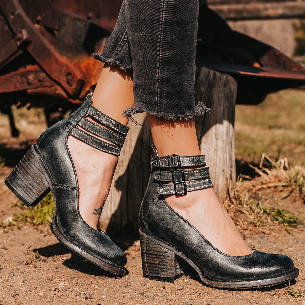 Women’s Heels Triple Ankle Strap Buckle Block Heel Pumps