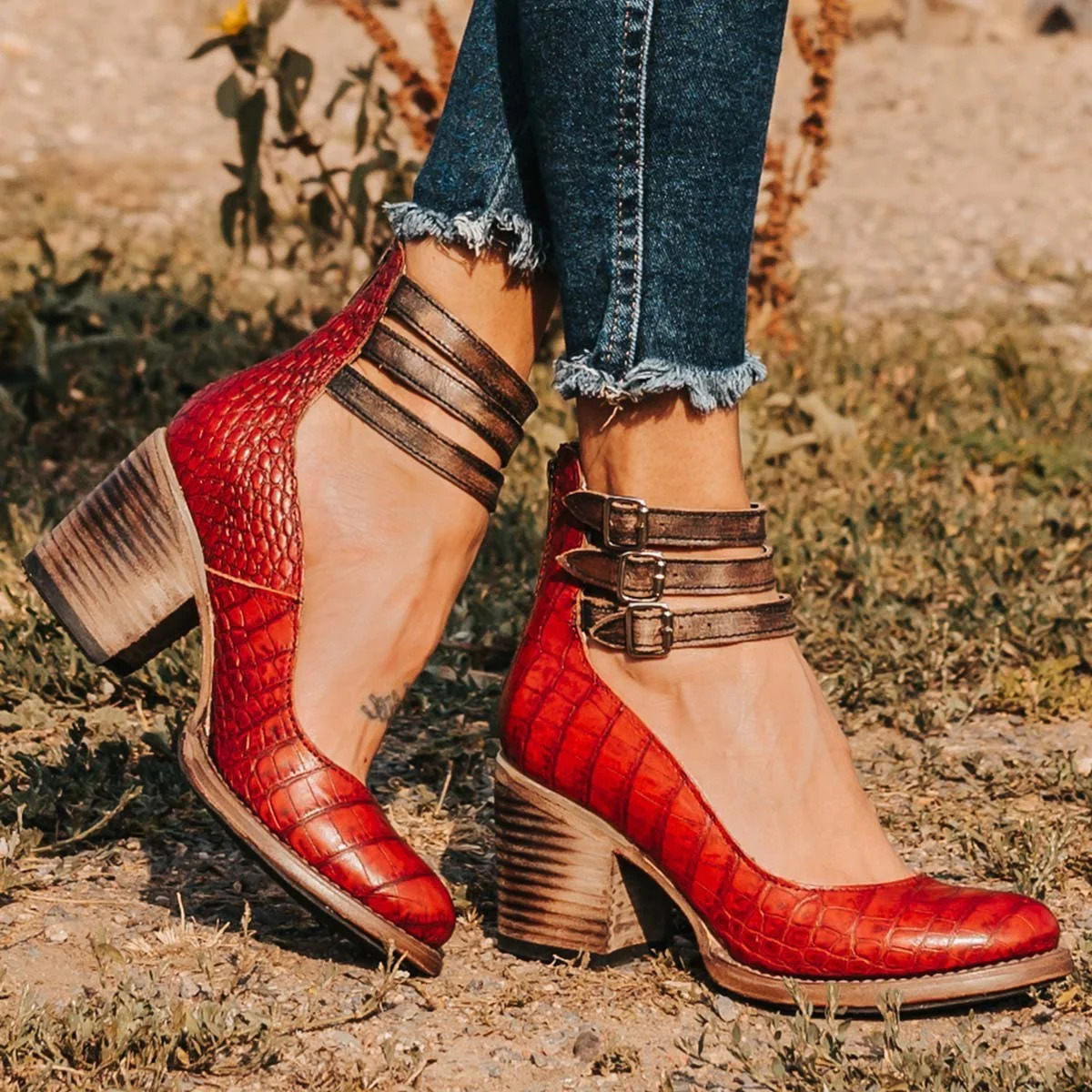Women’s Heels Triple Ankle Strap Buckle Block Heel Pumps