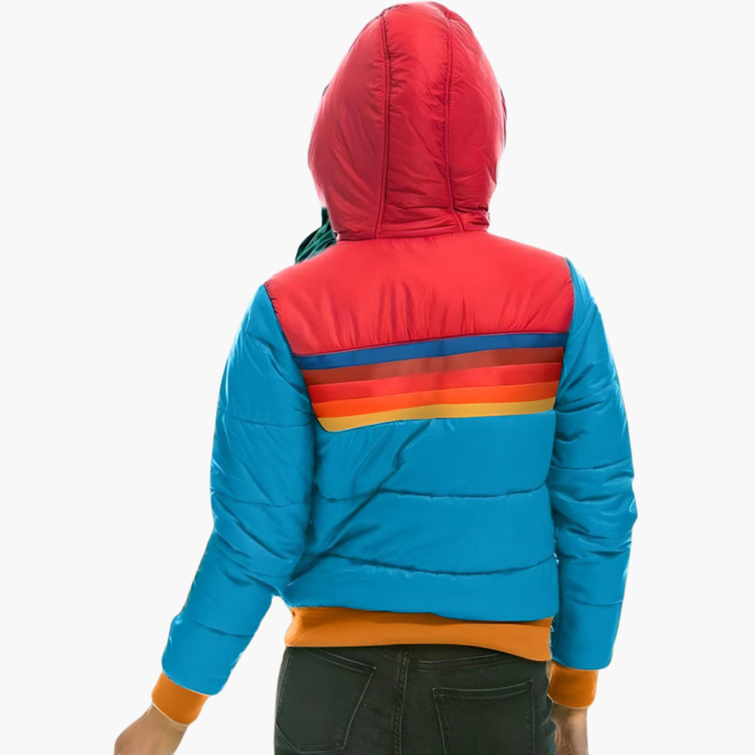 Women's Retro Color-Block Striped Hooded Puffer Jacket