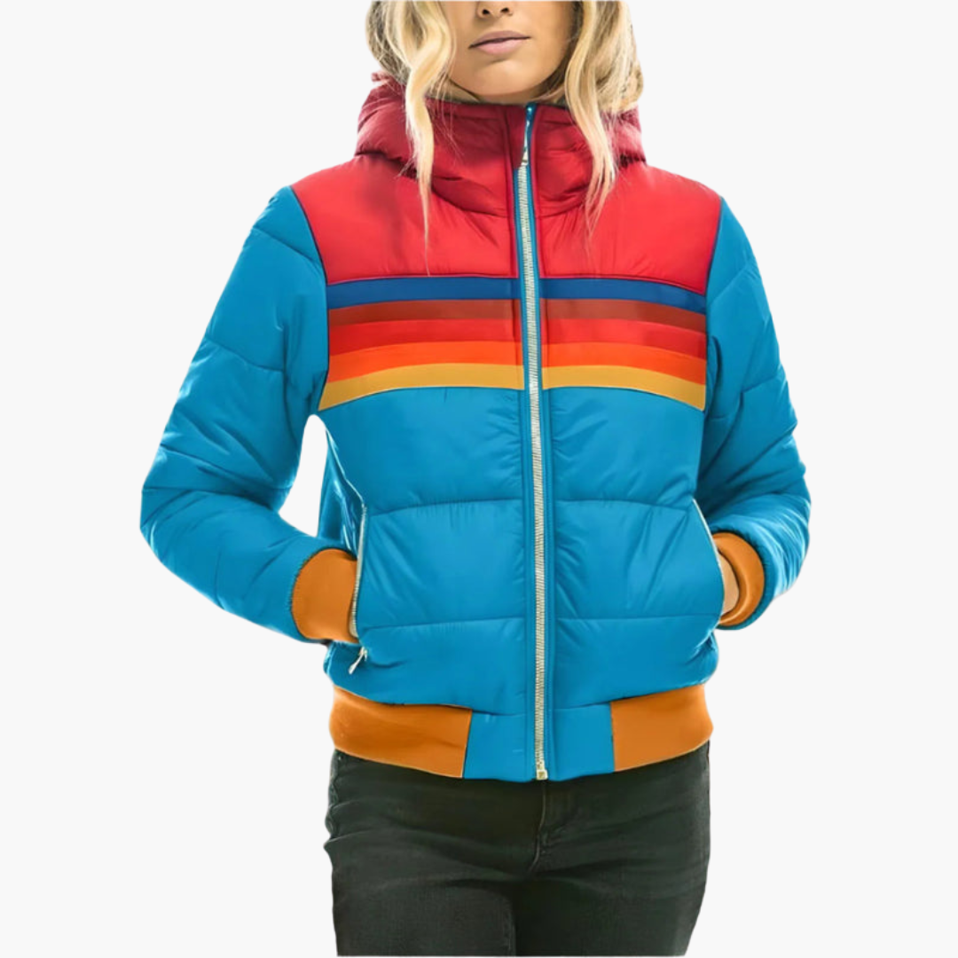 Women's Retro Color-Block Striped Hooded Puffer Jacket
