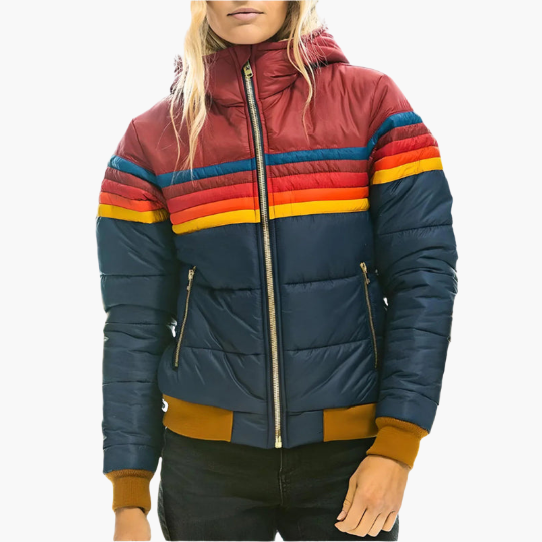 Women's Retro Color-Block Striped Hooded Puffer Jacket