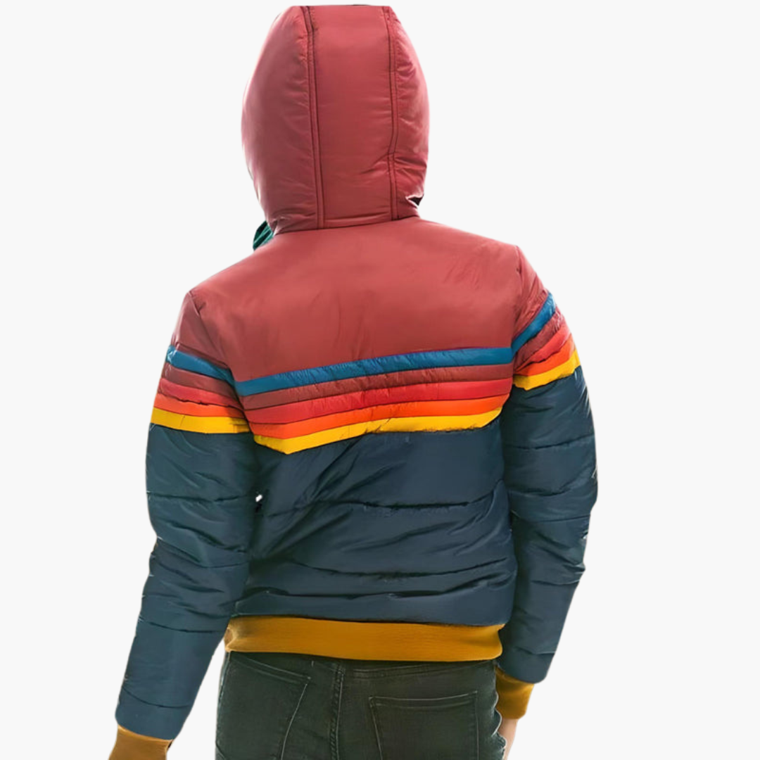 Women's Retro Color-Block Striped Hooded Puffer Jacket