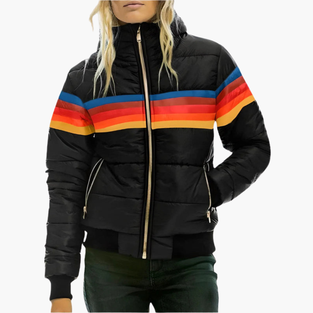 Women's Retro Color-Block Striped Hooded Puffer Jacket