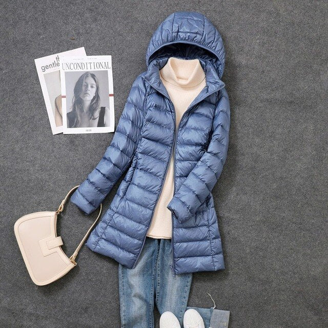 Women's Quilted Down Jacket with Detachable Hood