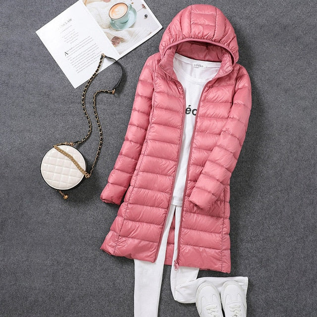 Women's Quilted Down Jacket with Detachable Hood