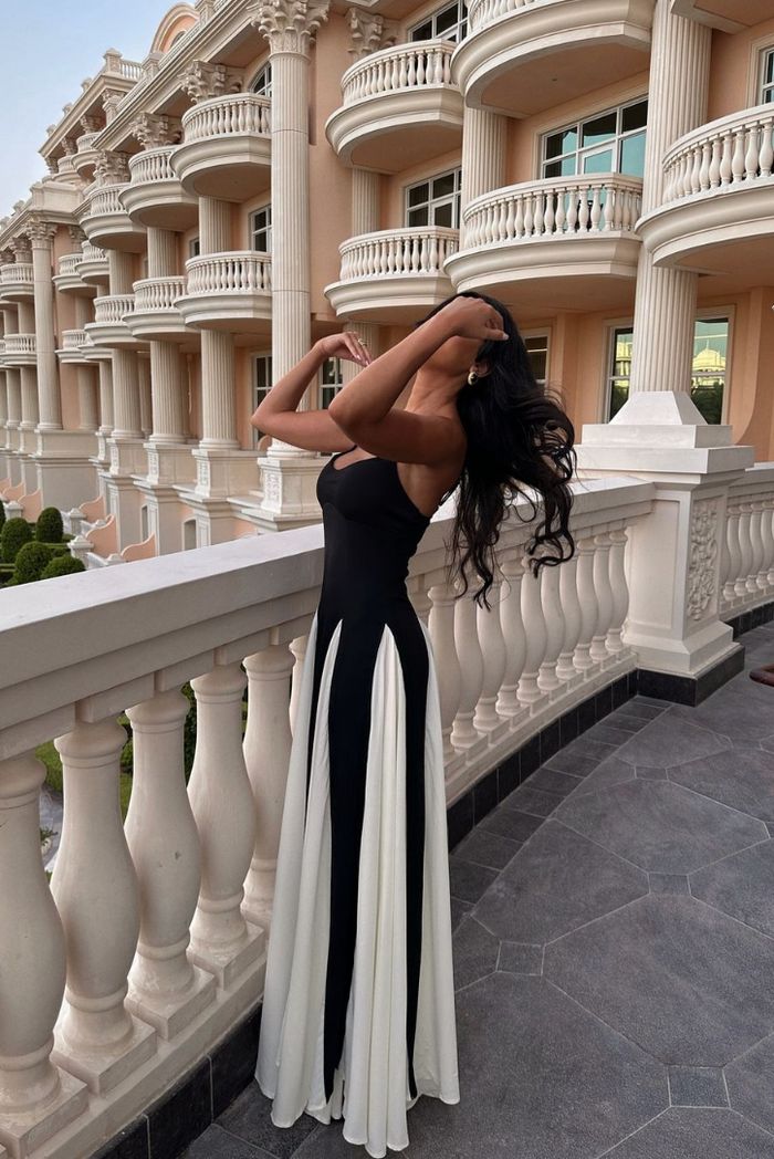 Women’s Maxi Dress Contrast Godet Pleated Skirt Wedding Guest Gown