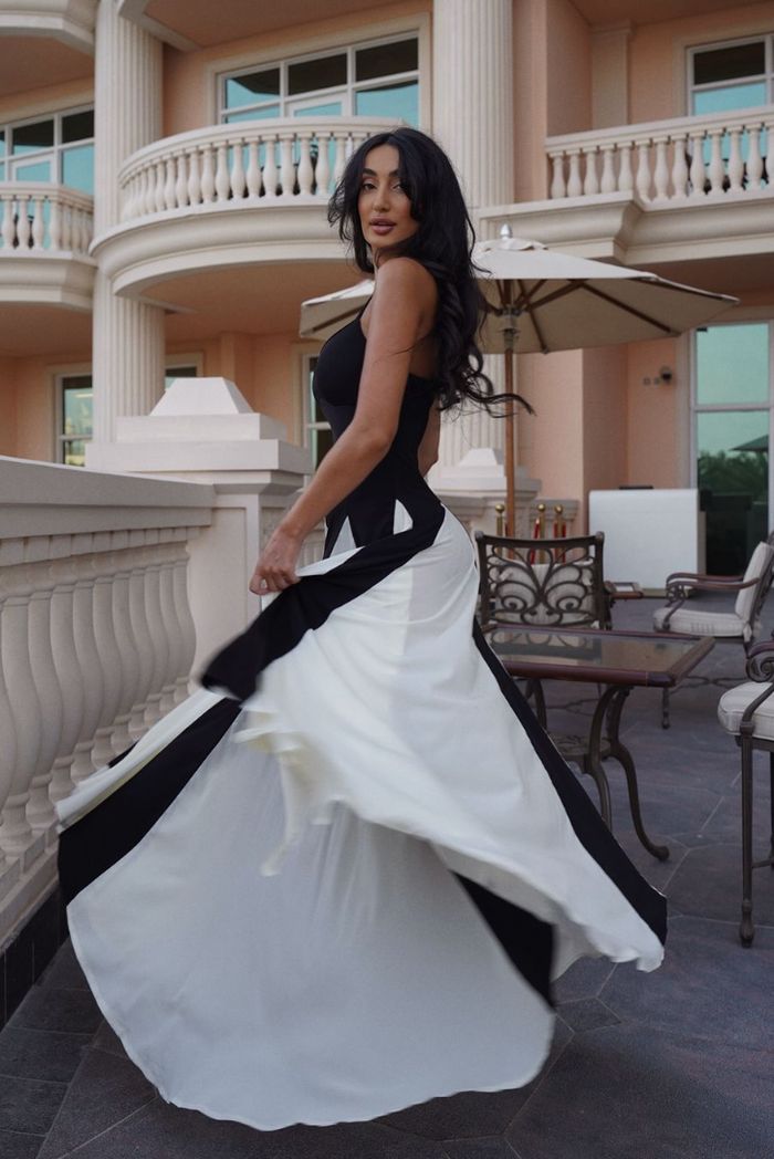 Women’s Maxi Dress Contrast Godet Pleated Skirt Wedding Guest Gown