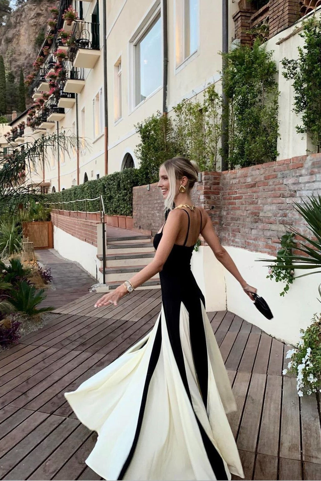 Women’s Maxi Dress Contrast Godet Pleated Skirt Wedding Guest Gown