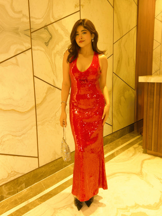 Women’s Sequin Maxi Dress with Rosette Detail and Deep V-Neckline