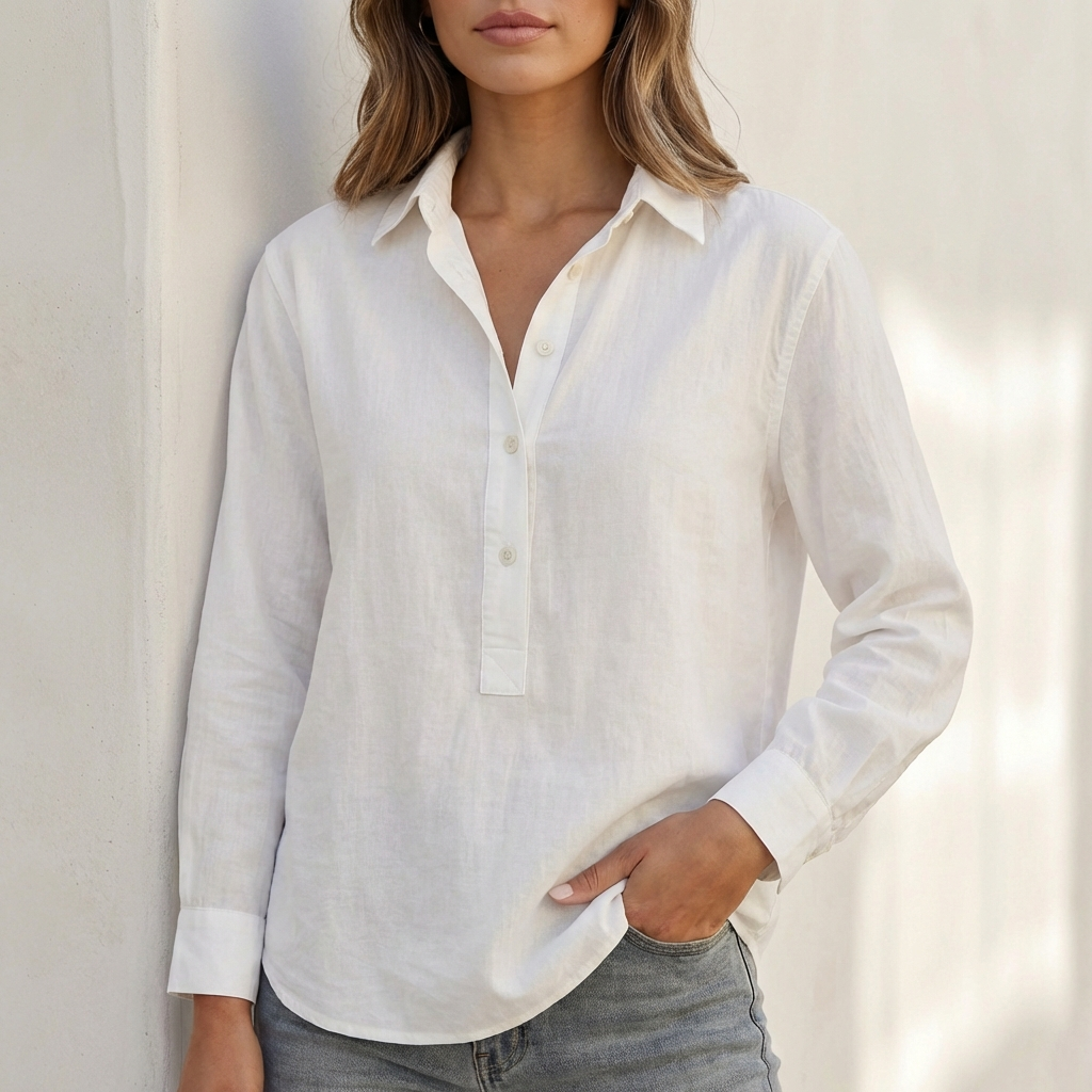 Women’s Popover Blouse with Point Collar and Partial Button Placket