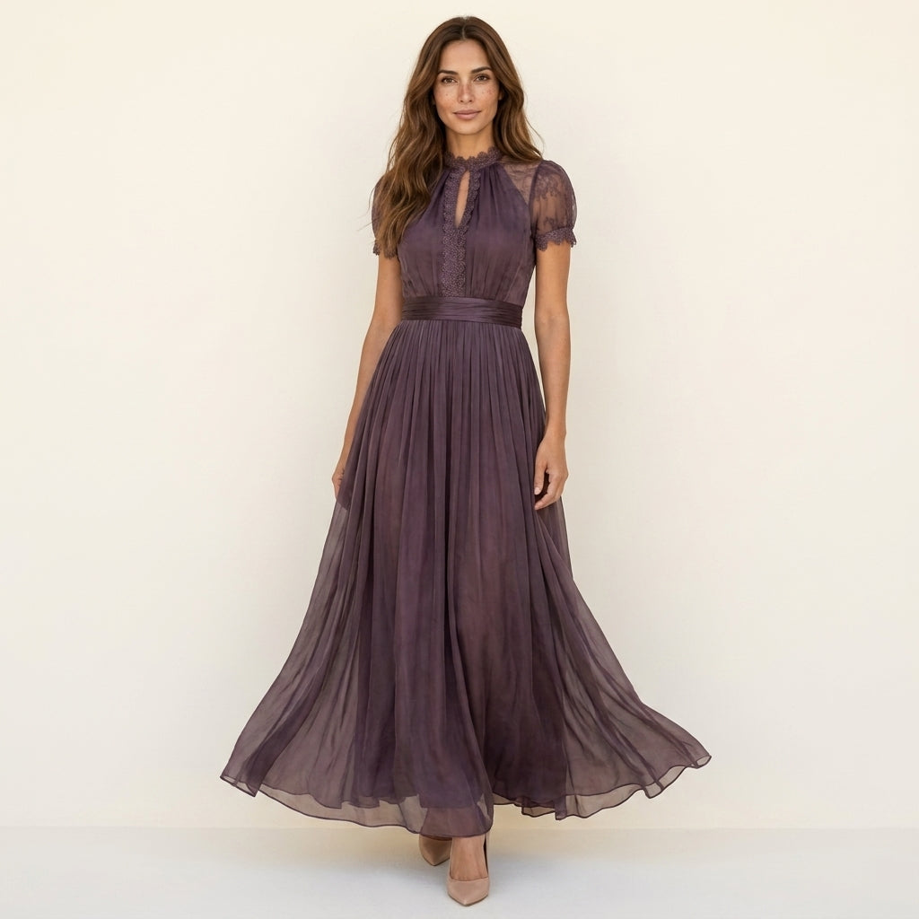 Women's Long Violet Lace Dress with Elegant Silhouette for Special Occasions