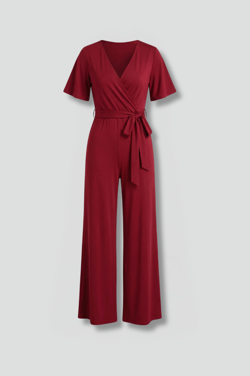 Women's Wrap Front Jumpsuit with Adjustable Tie Waist and Wide Legs