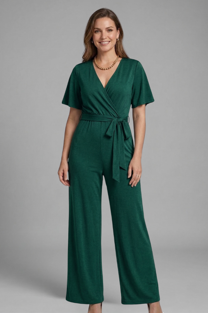 Women's Wrap Front Jumpsuit with Adjustable Tie Waist and Wide Legs