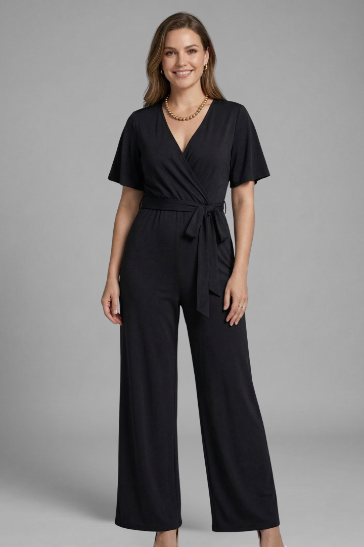 Women's Wrap Front Jumpsuit with Adjustable Tie Waist and Wide Legs