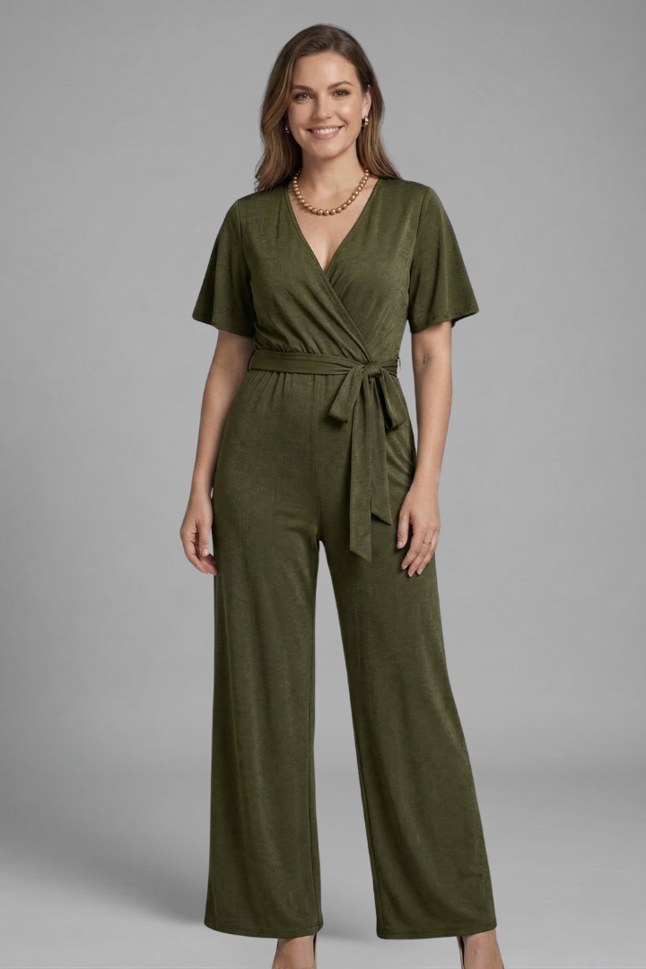 Women's Wrap Front Jumpsuit with Adjustable Tie Waist and Wide Legs