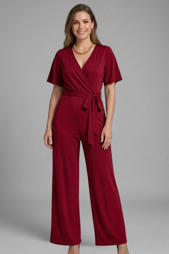 Women's Wrap Front Jumpsuit with Adjustable Tie Waist and Wide Legs