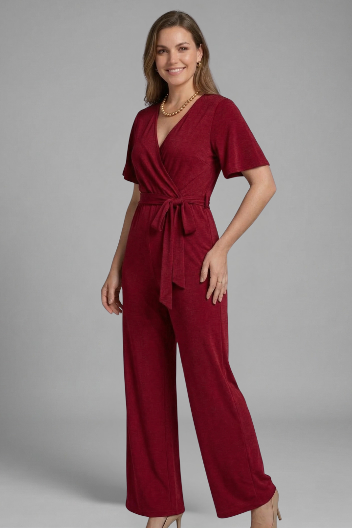 Women's Wrap Front Jumpsuit with Adjustable Tie Waist and Wide Legs