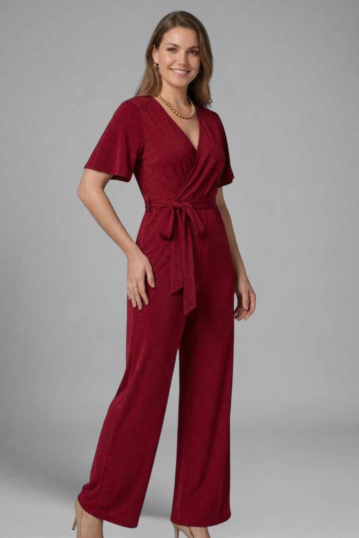 Women's Wrap Front Jumpsuit with Adjustable Tie Waist and Wide Legs