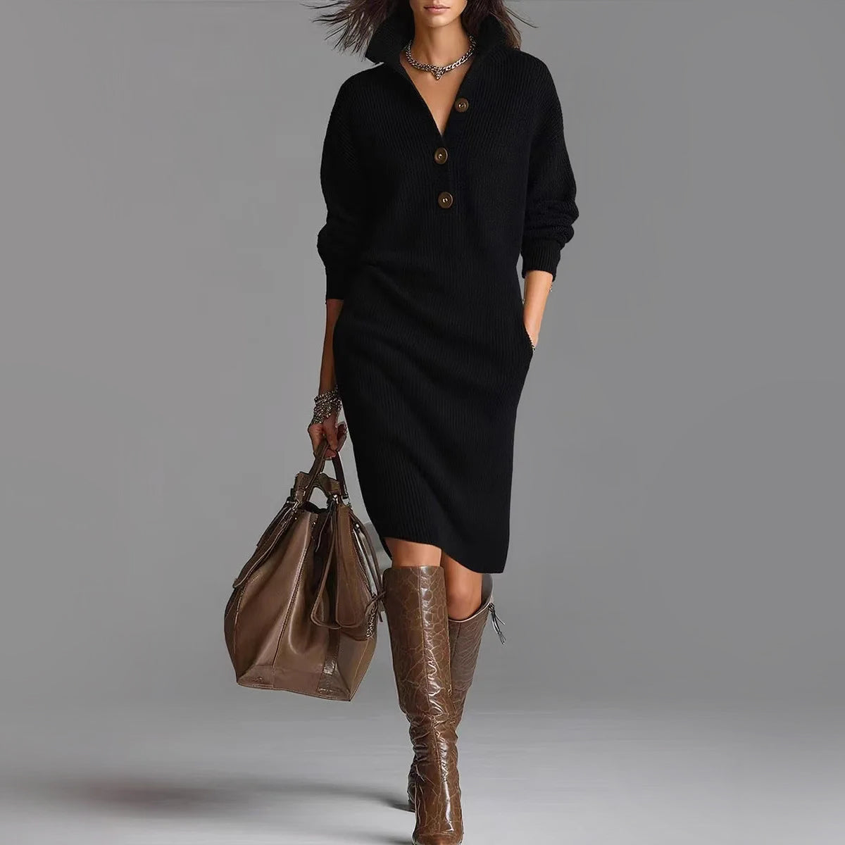 Women's Ribbed Knit Midi Sweater Dress with Spread Collar and Slim Fit