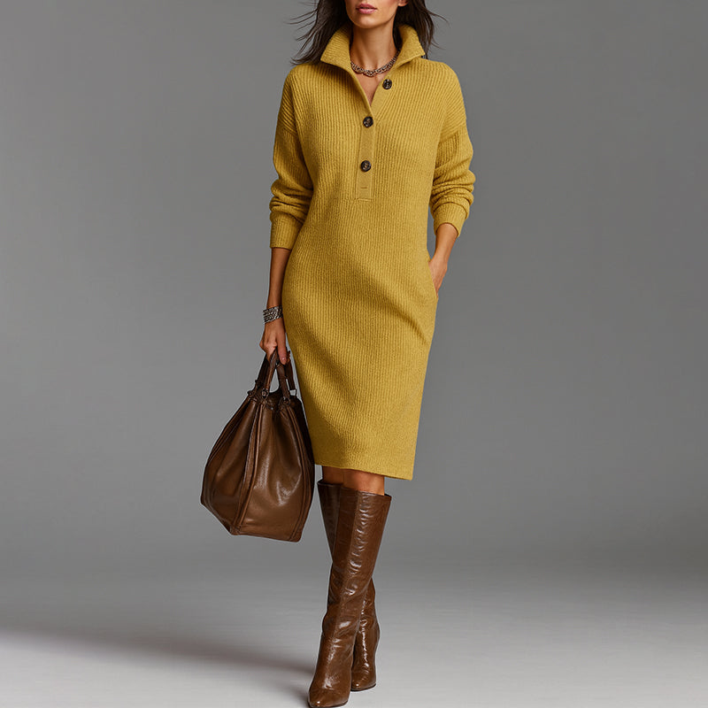 Women's Ribbed Knit Midi Sweater Dress with Spread Collar and Slim Fit