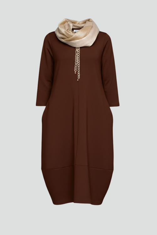 Women's A-Line Midi Dress with Round Neck and Side Pockets