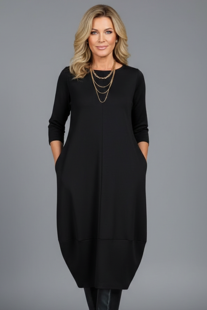 Women's A-Line Midi Dress with Round Neck and Side Pockets