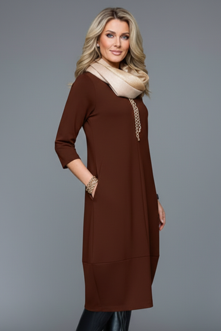 Women's A-Line Midi Dress with Round Neck and Side Pockets