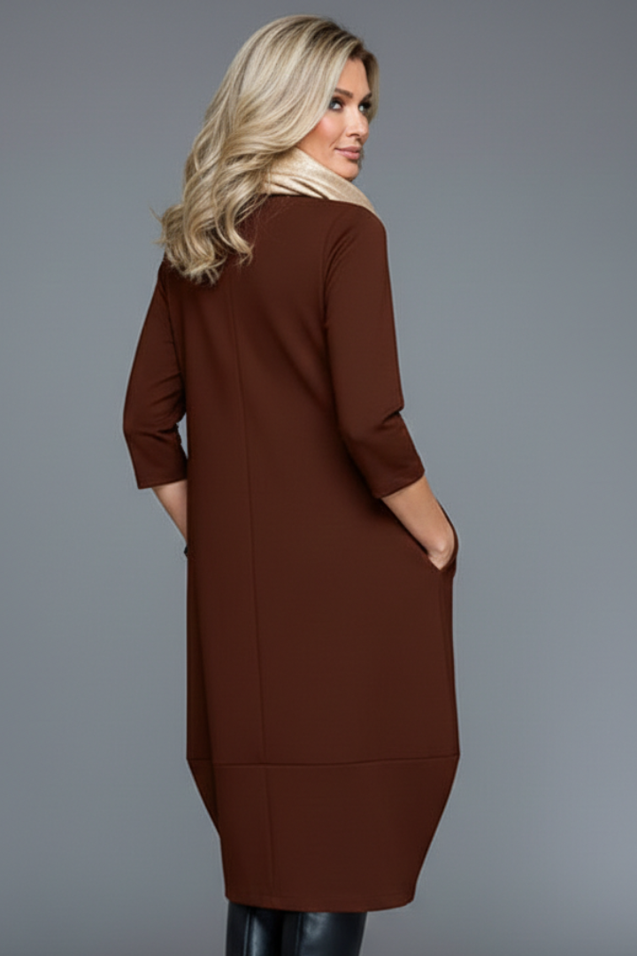 Women's A-Line Midi Dress with Round Neck and Side Pockets