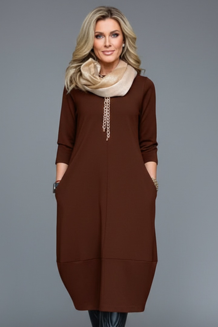 Women's A-Line Midi Dress with Round Neck and Side Pockets