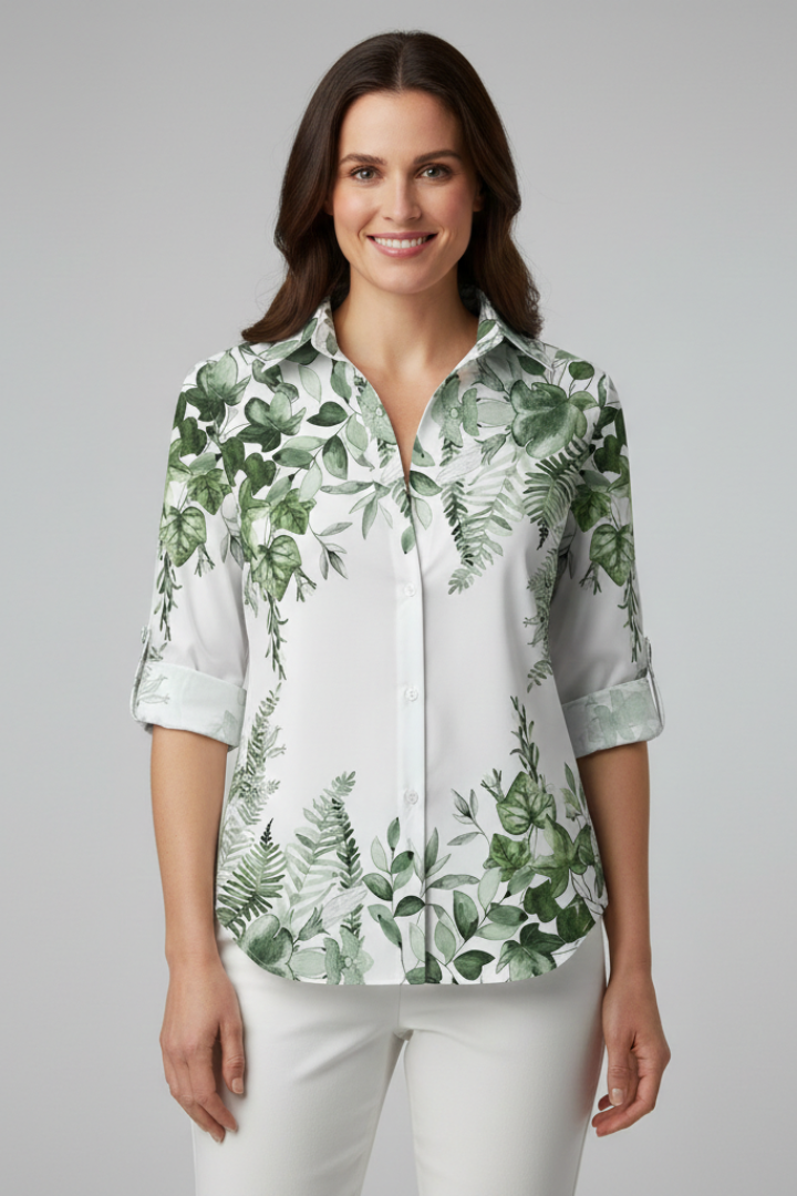 Women's Blouse with Button Closure and Leaf Print