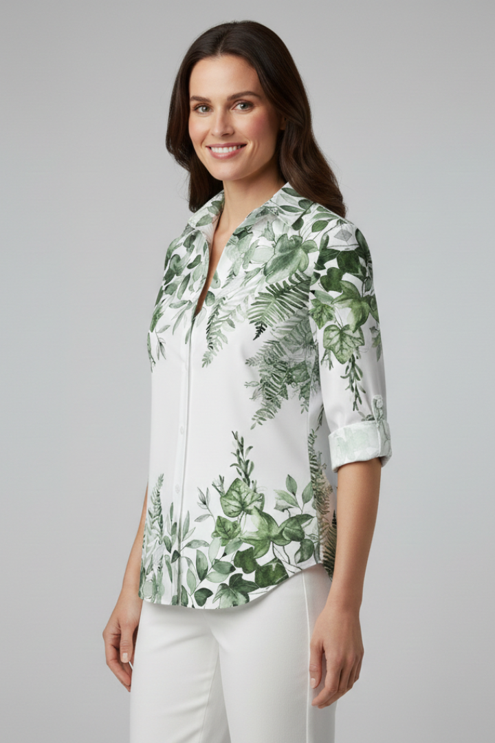 Women's Blouse with Button Closure and Leaf Print