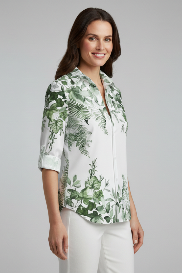 Women's Blouse with Button Closure and Leaf Print