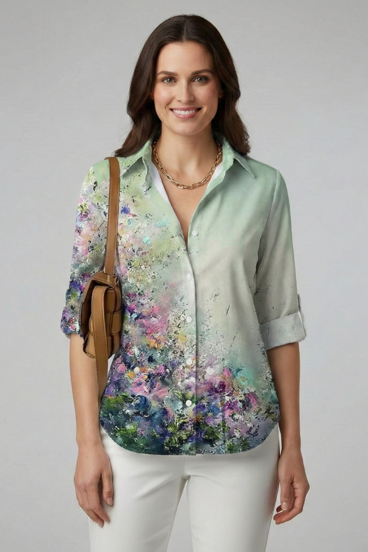 Women's Blouse with Button Closure and Leaf Print