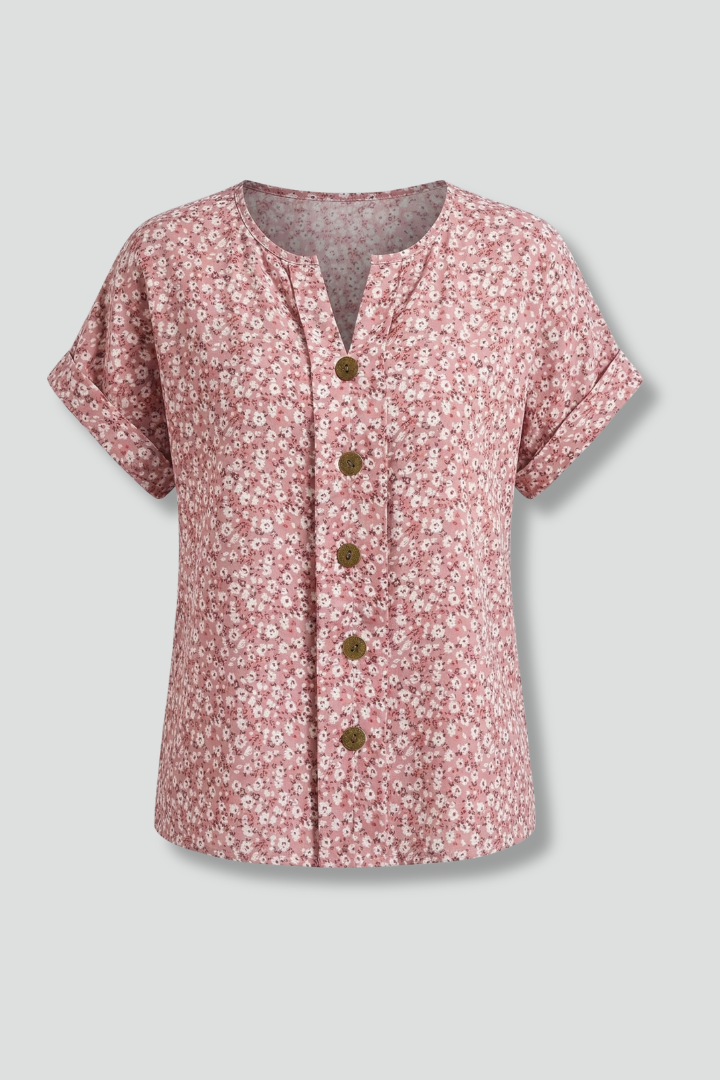Women's Floral Blouse with Round Neck and Button Front