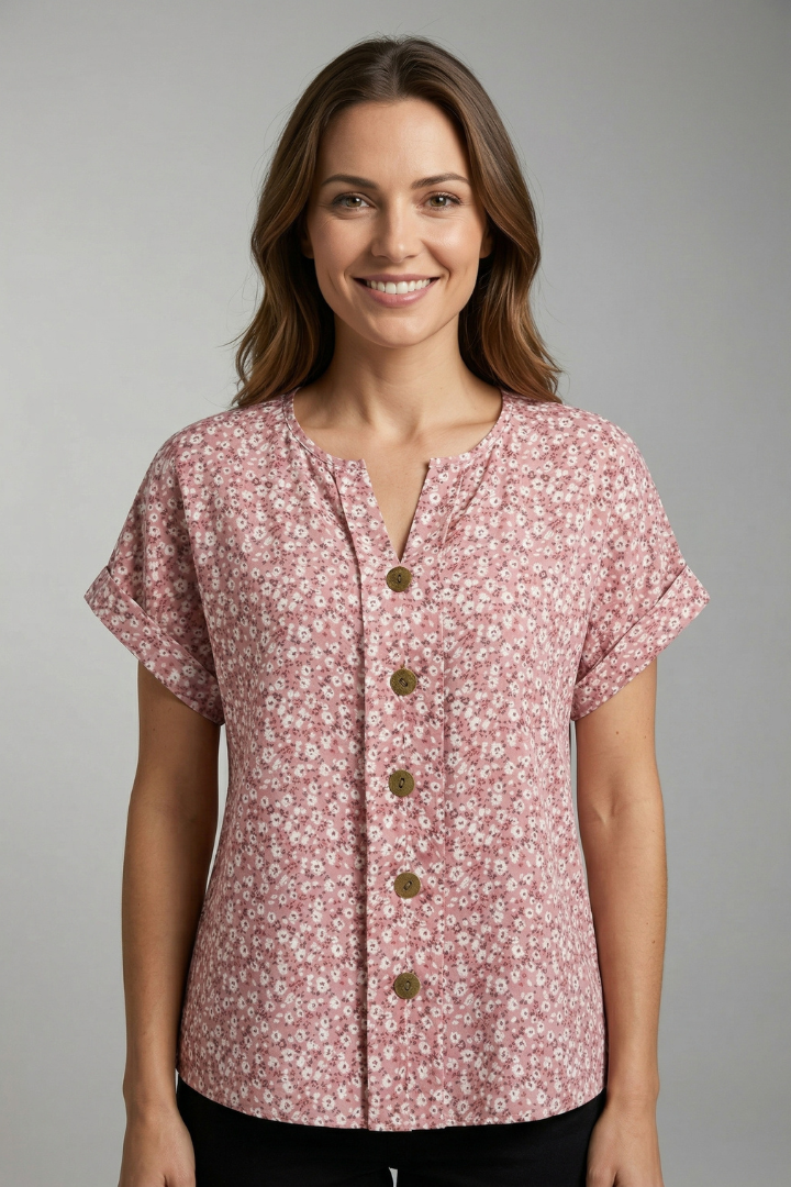 Women's Floral Blouse with Round Neck and Button Front