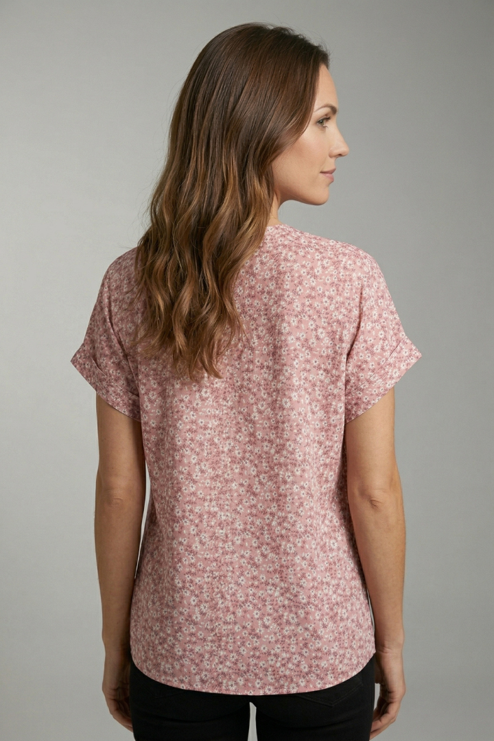 Women's Floral Blouse with Round Neck and Button Front