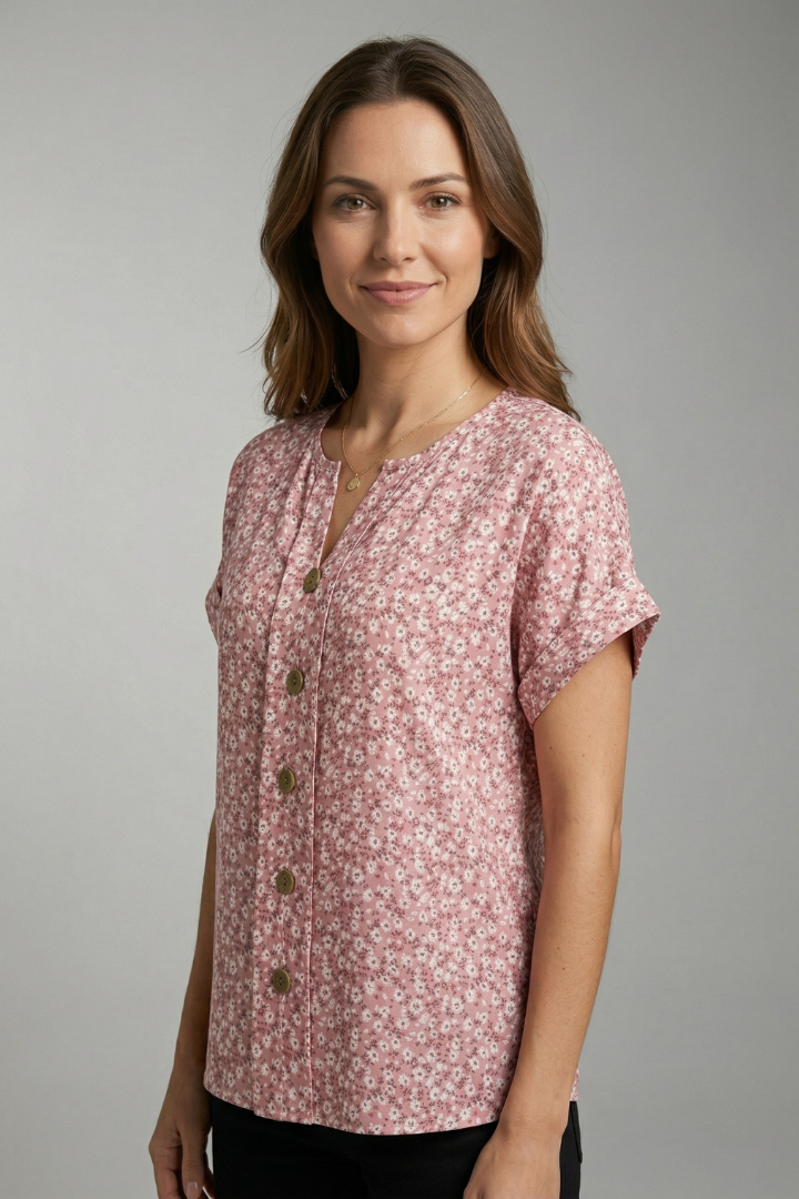 Women's Floral Blouse with Round Neck and Button Front