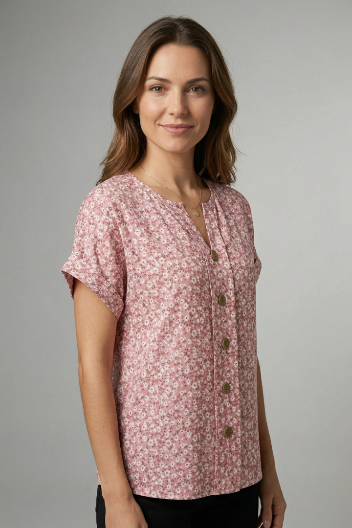 Women's Floral Blouse with Round Neck and Button Front